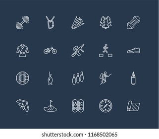 Set Of 20 black linear icons such as Yoga mat, Compass, Vitamin, Golf, Hang glider, Skate, Parkour, Bowling, Zorbing, Biking, Diving, editable stroke vector icon pack