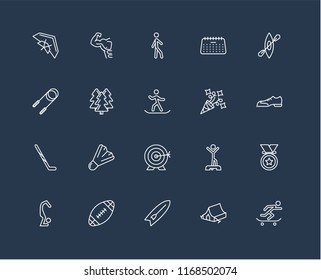 Set Of 20 black linear icons such as Skateboarding, Camping tent, Surfboard, Rugby ball, Yoga, Kayak, Party, Archery, Hockey stick, Forest, Walking, editable stroke vector icon pack