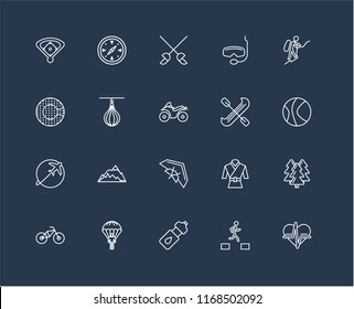 Set Of 20 black linear icons such as Heart rate, Parkour, Water bottle, Parachuting, Bmx, Mountaineering, Canoe, Hang glider, Travelling, Punching bag, Fencing, editable stroke vector icon pack