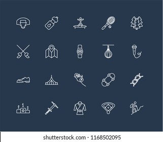 Set Of 20 black linear icons such as Hiking, Baseball field, Martial art, Pogo stick, Pedestal, Forest, Punching bag, Downhill, Shoes, Map, Jumping, editable stroke vector icon pack