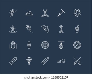 Set Of 20 black linear icons such as Fencing, Shoes, Surfboard, Parachuting, Water bottle, Forest, Warming up, Zorbing, Map, Downhill, Hockey, editable stroke vector icon pack