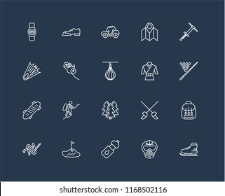 Set Of 20 black linear icons such as Ice skating, Paintball, Water bottle, Golf, Multitool, Pogo stick, Martial art, Forest, Skate, Downhill, Buggy, editable stroke vector icon pack