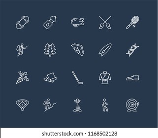 Set Of 20 black linear icons such as Archery, Walking, Warming up, Hiking, Baseball field, Tennis racket, Surfboard, Hockey stick, Party, Forest, Airship, editable stroke vector icon pack