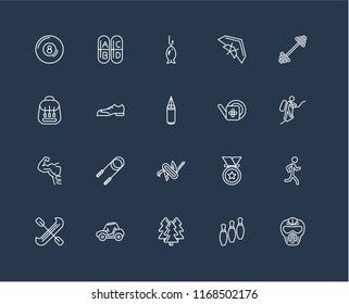 Set Of 20 black linear icons such as Paintball, Bowling, Forest, Buggy, Canoe, Workout, Gardening, Multitool, Gym, Shoes, Fishing, editable stroke vector icon pack