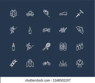 Set Of 20 black linear icons such as Martial art, Pedestal, Biking, Map, Climb, Pogo stick, Multitool, Tennis racket, Boxing, Fishing, Downhill, editable stroke vector icon pack