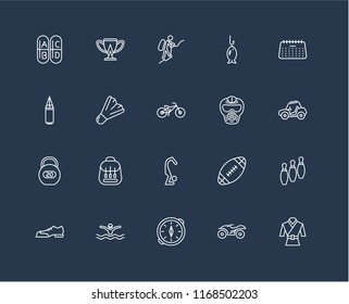 Set Of 20 black linear icons such as Martial art, Quad, Compass, Swimming, Shoes, Calendar, Paintball, Yoga, Workout, Badminton, Mountaineering, editable stroke vector icon pack