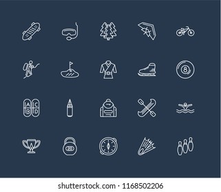 Set Of 20 black linear icons such as Bowling, Diving, Compass, Workout, Cup, Biking, Ice skating, Backpack, Vitamin, Golf, Forest, editable stroke vector icon pack