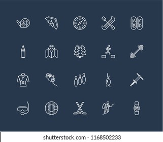 Set Of 20 black linear icons such as Smartwatch, Mountaineering, Hockey, Zorbing, Snorkel, Vitamin, Parkour, Bowling, Martial art, Map, Compass, editable stroke vector icon pack