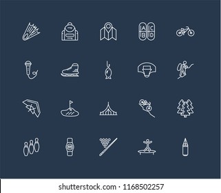 Set Of 20 black linear icons such as Boxing, Jumping, Billiard, Smartwatch, Bowling, Biking, Basketball, Camping, Hang glider, Ice skating, Map, editable stroke vector icon pack