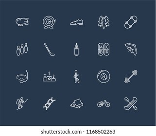 Set Of 20 black linear icons such as Canoe, Biking, Camping tent, Climb, Mountaineering, Skateboard, Vitamin, Walking, Snorkel, Hockey stick, Shoes, editable stroke vector icon pack