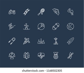 Set Of 20 black linear icons such as Kayak, Medal, Heart rate, Forest, Martial art, Gym, Skateboard, Pedestal, Jump rope, Snowboarding, Tennis racket, editable stroke vector icon pack