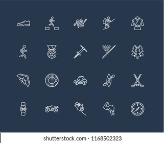 Set Of 20 black linear icons such as Compass, Gym, Downhill, Quad, Smartwatch, Martial art, Billiard, Buggy, Hang glider, Medal, Multitool, editable stroke vector icon pack