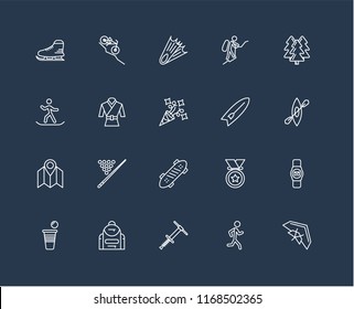 Set Of 20 black linear icons such as Hang glider, Jogging, Pogo stick, Backpack, Beer pong, Forest, Surfboard, Skate, Map, Martial art, Diving, editable stroke vector icon pack