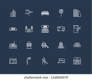 Set Of 20 black linear icons such as Detached, Caravan, Playground, Street lamp, Store, Supermarket, Truck, Stilt Home, Future House, Mansion, editable stroke vector icon pack