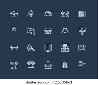 Set Of 20 black linear icons such as, Aparment, Bungalow, House On Wheels, Castle, Flash Apartment, Swing, Car, Townhouse, Houseboat, editable stroke vector icon pack