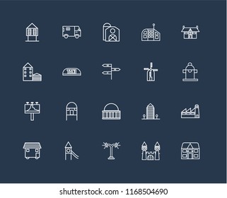Set Of 20 black linear icons such as Detached, Castle, Street lamp, Playground, House On Wheels, Mansion, Wind Mill, Museum, Billboard, Taxi, Barn, editable stroke vector icon pack