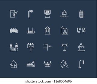 Set Of 20 black linear icons such as Traffic light, Wigwam, Mansion, Factory, Bungalow, Skyscraper, Barn, , Castle, Hotel, Atm, editable stroke vector icon pack