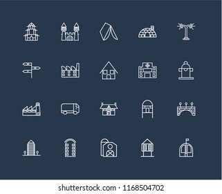 Set Of 20 black linear icons such as Bungalow, Hut, Barn, Building, Aparment, Street lamp, Hospital, Mansion, Factory, Wigwam, editable stroke vector icon pack