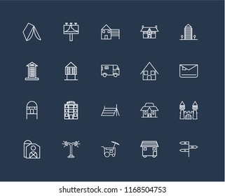 Set Of 20 black linear icons such as, House On Wheels, Food cart, Street lamp, Barn, Aparment, Bungalow, Tent, Hut, House, editable stroke vector icon pack