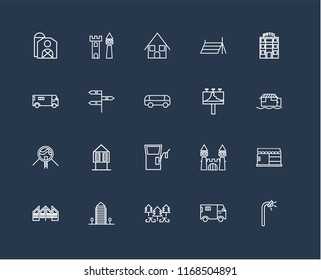 Set Of 20 black linear icons such as Street lamp, Truck, Park, Aparment, Future House, Motel, Billboard, Gas station, , Bungalow, editable stroke vector icon pack