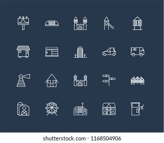 Set Of 20 black linear icons such as Gas station, Detached, Future House, Ferris wheel, Barn, Hut, Car, Mansion, Lighthouse, Store, Castle, editable stroke vector icon pack