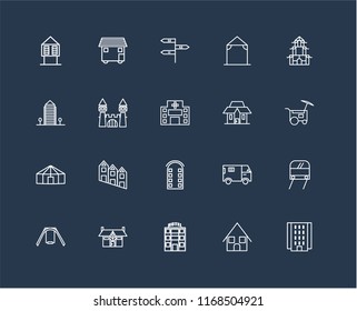 Set Of 20 black linear icons such as Flash Apartment, Bungalow, Motel, Mansion, Swing, Chinese House, Building, Yurt, Castle, , editable stroke vector icon pack