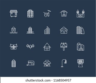 Set Of 20 black linear icons such as Atm, Traffic light, Mansion, Caravan, Skyscraper, Castle, Bungalow, Aparment, Food cart, editable stroke vector icon pack