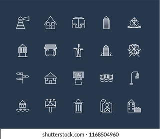 Set Of 20 black linear icons such as House, Barn, Trash, Billboard, Beach Hut, Fountain, Aparment, Atm, , House On Wheels, Chair and table, editable stroke vector icon pack
