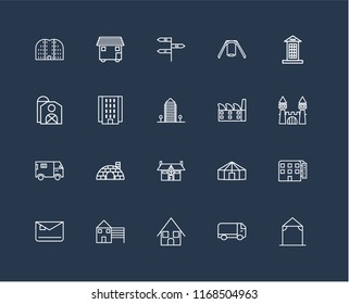 Set Of 20 black linear icons such as Arbor, Truck, Bungalow, House, Mailbox, Phone booth, Factory, Mansion, Flash Apartment, , editable stroke vector icon pack