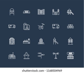 Set Of 20 black linear icons such as Bank, Street lamp, , Hydrant, Future House, Stilt Home, Truck, Aparment, Motel, Barn, Flash Apartment, editable stroke vector icon pack