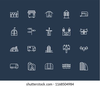 Set Of 20 black linear icons such as Supermarket, Bridge, Buildings, Barn, Truck, Caravan, Castle, Aparment, Igloo, , editable stroke vector icon pack
