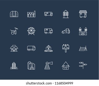 Set Of 20 black linear icons such as, Bungalow, Lighthouse, Barn, Aparment, House On Wheels, Car, Fountain, Mansion, Ferris wheel, Ambulance, editable stroke vector icon pack