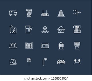 Set Of 20 black linear icons such as Flowers, Future House, Street lamp, Parking, Barn, , Bungalow, Store, Terraced Houses, Gas station, Hotel, editable stroke vector icon pack