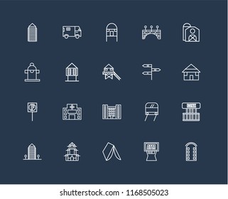 Set Of 20 black linear icons such as Building, Atm, Wigwam, Chinese House, Aparment, Barn, , Flash Apartment, Parking, Hut, editable stroke vector icon pack