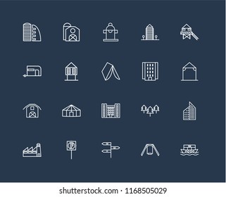 Set Of 20 black linear icons such as Houseboat, Swing, , Parking, Factory, Stilt Home, Flash Apartment, Barn, Hut, Hydrant, editable stroke vector icon pack