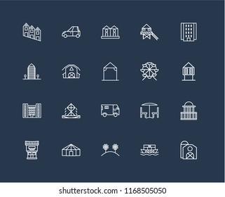 Set Of 20 black linear icons such as Barn, Houseboat, Flowers, Yurt, Motel, Flash Apartment, Ferris wheel, Truck, Terraced Houses, editable stroke vector icon pack