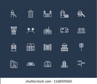 Set Of 20 black linear icons such as, Aparment, Barn, Taxi, Stilt Home, Truck, Flash Apartment, Hut, Flowers, Mansion, editable stroke vector icon pack