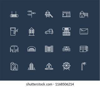Set Of 20 black linear icons such as Street lamp, Ferris wheel, Fountain, Aparment, Barn, House, Bank, Flash Apartment, Chair and table, Hut, Stilt Home, editable stroke vector icon pack