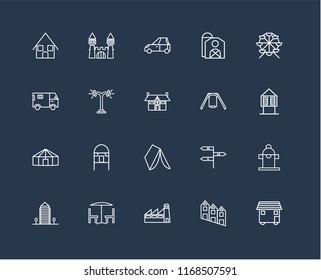 Set Of 20 black linear icons such as House On Wheels, Townhouse, Factory, Chair and table, Aparment, Ferris wheel, Swing, Wigwam, Yurt, Street lamp, Car, editable stroke vector icon pack