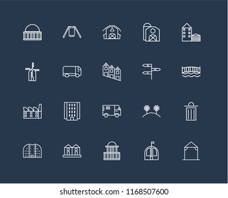 Set Of 20 black linear icons such as Arbor, Bungalow, Government buildings, Terraced Houses, Buildings, House, , Truck, Factory, Barn, editable stroke vector icon pack