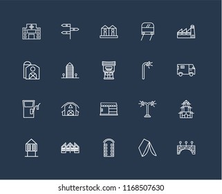 Set Of 20 black linear icons such as Bridge, Wigwam, Building, Future House, Hut, Factory, Street lamp, Store, Gas station, Aparment, Terraced Houses, editable stroke vector icon pack