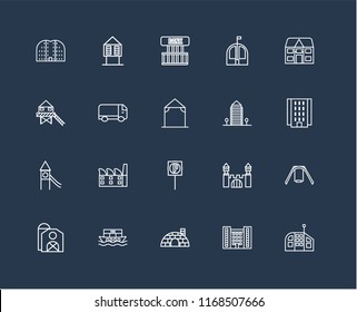 Set Of 20 black linear icons such as Future House, Flash Apartment, Igloo, Houseboat, Barn, Detached, Aparment, Parking, Playground, Truck, Bank, editable stroke vector icon pack