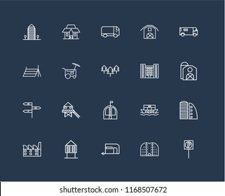 Set Of 20 black linear icons such as Parking, Buildings, Caravan, Hut, Factory, Ambulance, Flash Apartment, Bungalow, , Food cart, Truck, editable stroke vector icon pack
