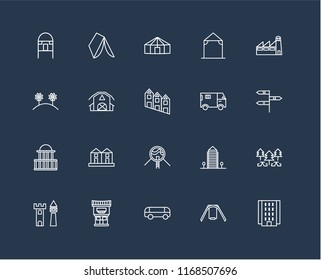Set Of 20 black linear icons such as Flash Apartment, Swing, Car, Motel, Castle, Factory, Truck, Future House, Government buildings, Barn, Yurt, editable stroke vector icon pack