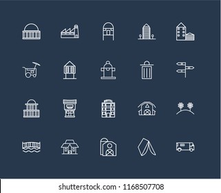 Set Of 20 black linear icons such as Ambulance, Wigwam, Barn, Mansion, Bridge, House, Trash, Motel, Government buildings, Hut, editable stroke vector icon pack