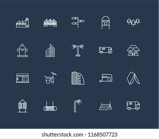 Set Of 20 black linear icons such as Truck, Tent, Street lamp, Hotel, Hut, Trees, Ambulance, Supermarket, Store, Aparment, , editable stroke vector icon pack