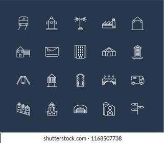 Set Of 20 black linear icons such as, Barn, Hangar, Chinese House, Townhouse, Arbor, Yurt, Building, Swing, Mailbox, Street lamp, editable stroke vector icon pack