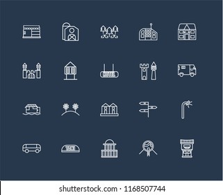 Set Of 20 black linear icons such as Motel, Future House, Government buildings, Taxi, Car, Detached, Castle, Terraced Houses, Houseboat, Hut, Park, editable stroke vector icon pack