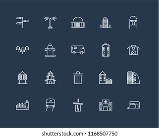 Set Of 20 black linear icons such as Caravan, Hospital, Wind Mill, Subway, Factory, Hut, Building, Trash, Hydrant, Museum, editable stroke vector icon pack