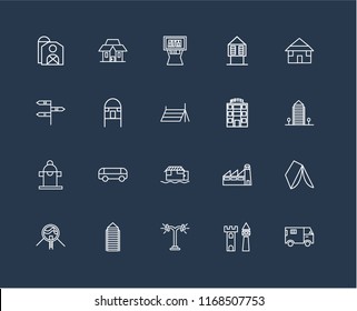 Set Of 20 black linear icons such as Truck, Castle, Street lamp, Skyscraper, Future House, Bungalow, Motel, Houseboat, Hydrant, Hut, Atm, editable stroke vector icon pack